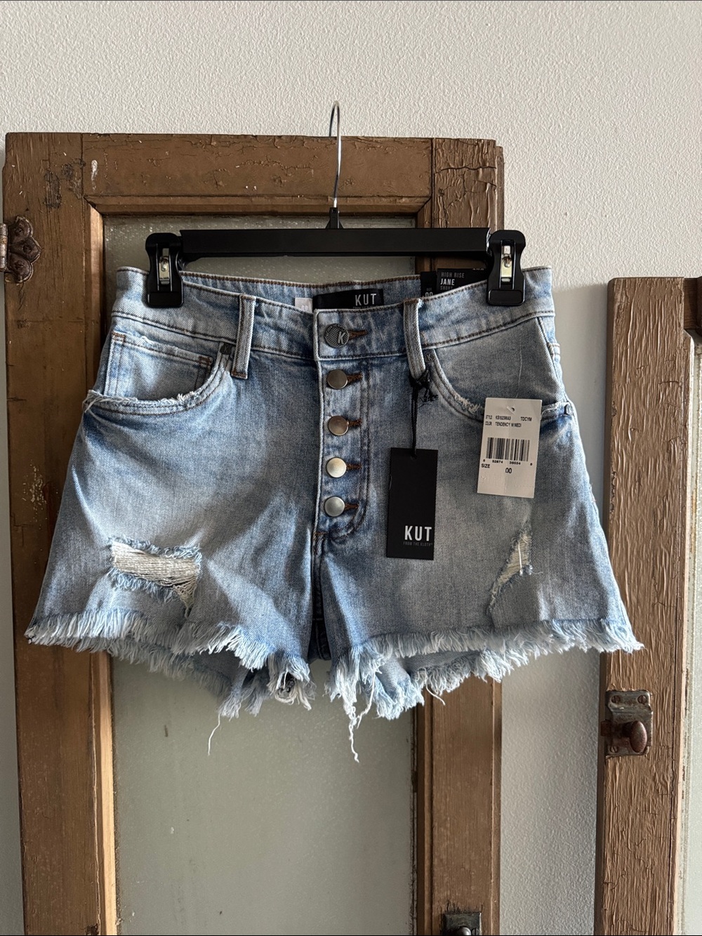 Kut from the Kloth Light Wash Frayed Button-Front Denim Shorts